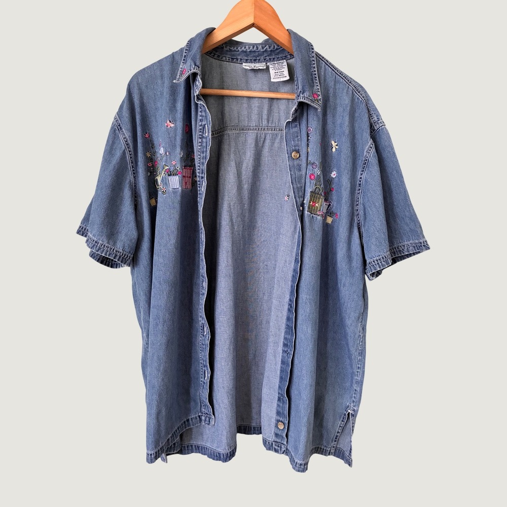 Bobbie Brooks VTG Denim Shirt Floral Embroidered Button Up Blue Plus 18W/20W